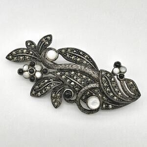 Art Nouveau Style 925 Sterling Silver Marcasite Brooch w Onyx Moonstone Details